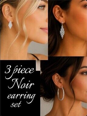 NWT nOir 3 piece earring set, straight post dangle stud and hoop bridal set $168